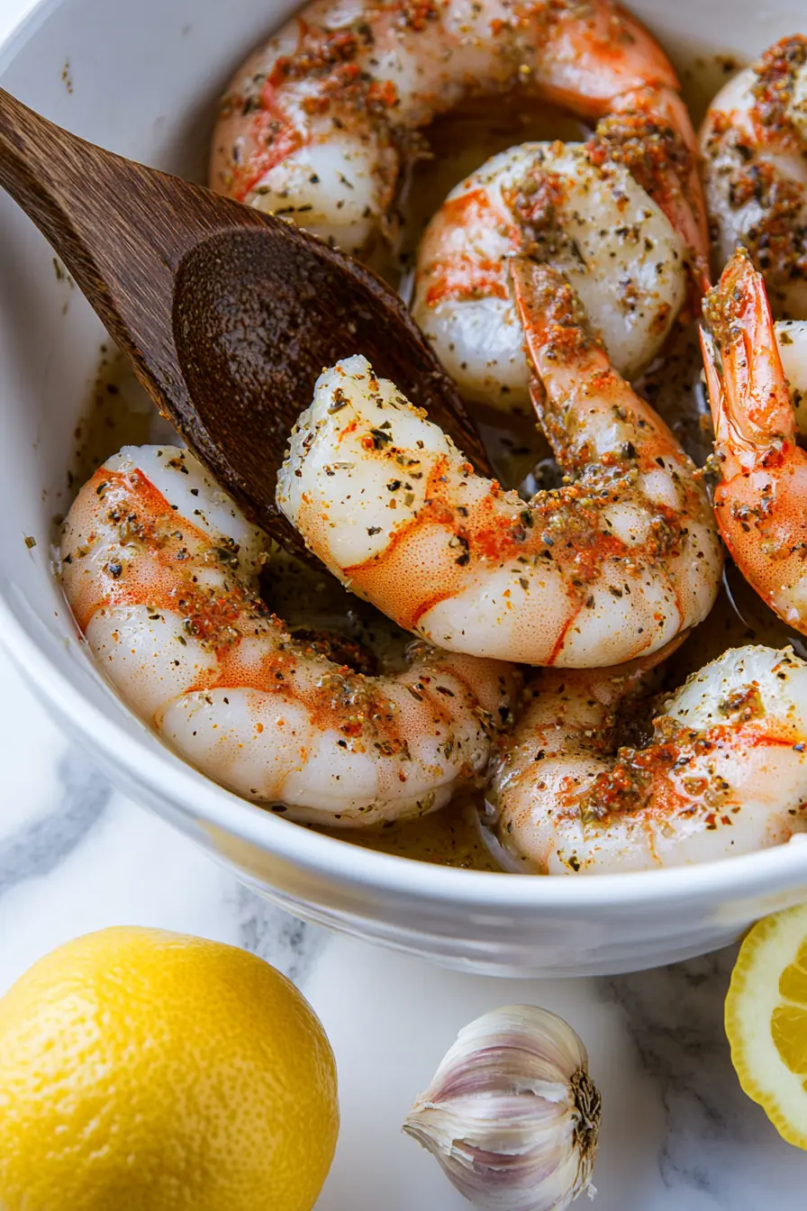 Close-up of marinated shrimp in a white ceramic bowl with a wooden spoon, coated in a garlic herb seasoning. Fresh lemon and garlic cloves rest on a marble countertop.