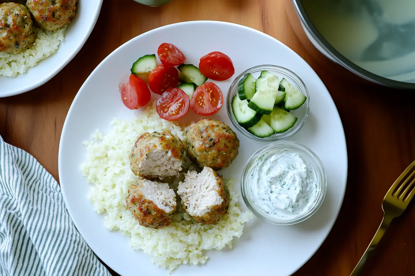 Juicy Greek chicken meatballs with cauliflower rice, cucumber-tomato salad, and creamy tzatziki sauce, served on a white plate with a gold fork on a wooden table.