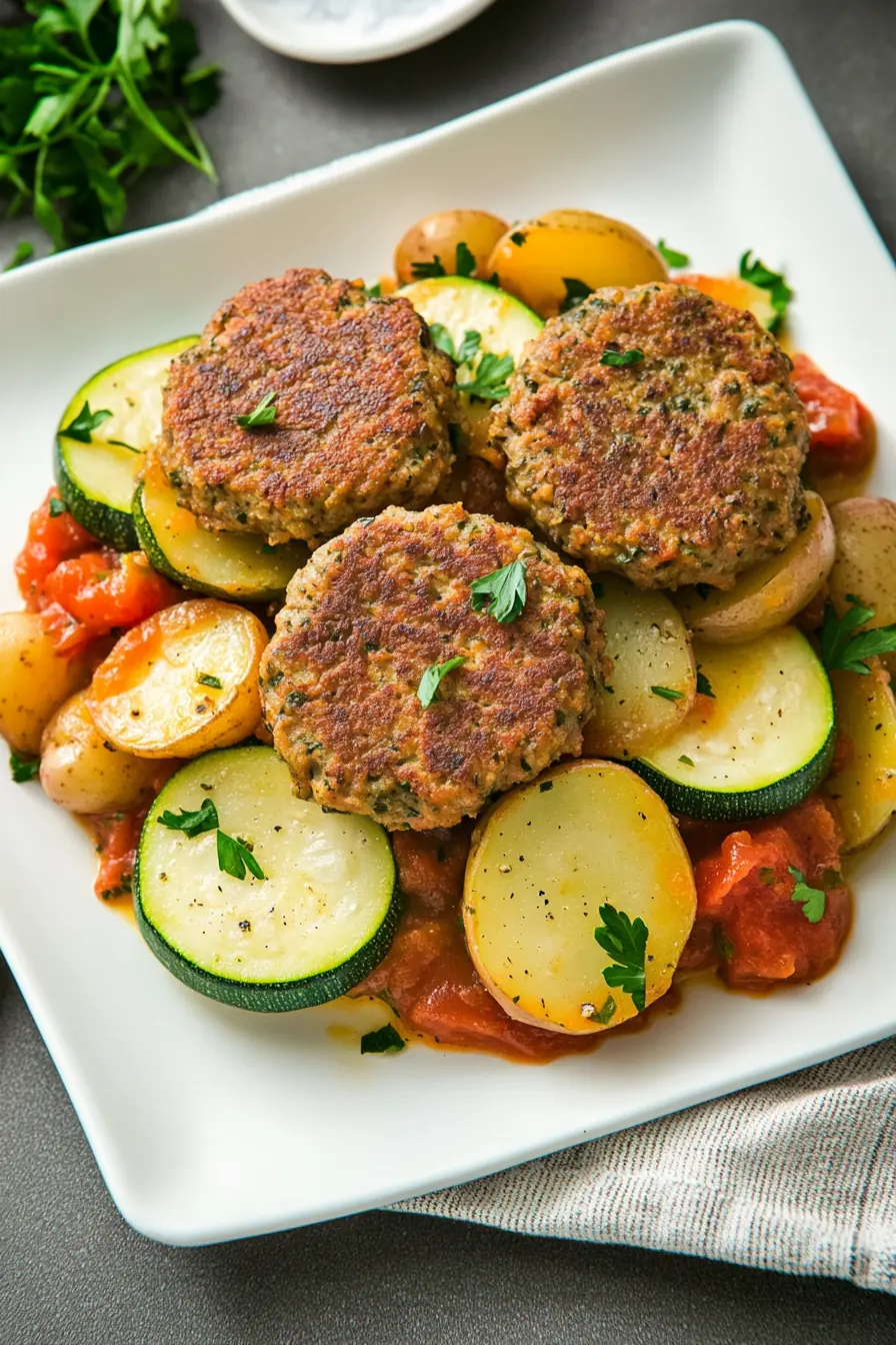 Golden turkey patties served with zucchini, potatoes, and tomatoes, garnished with fresh parsley for a healthy Mediterranean-style dish.