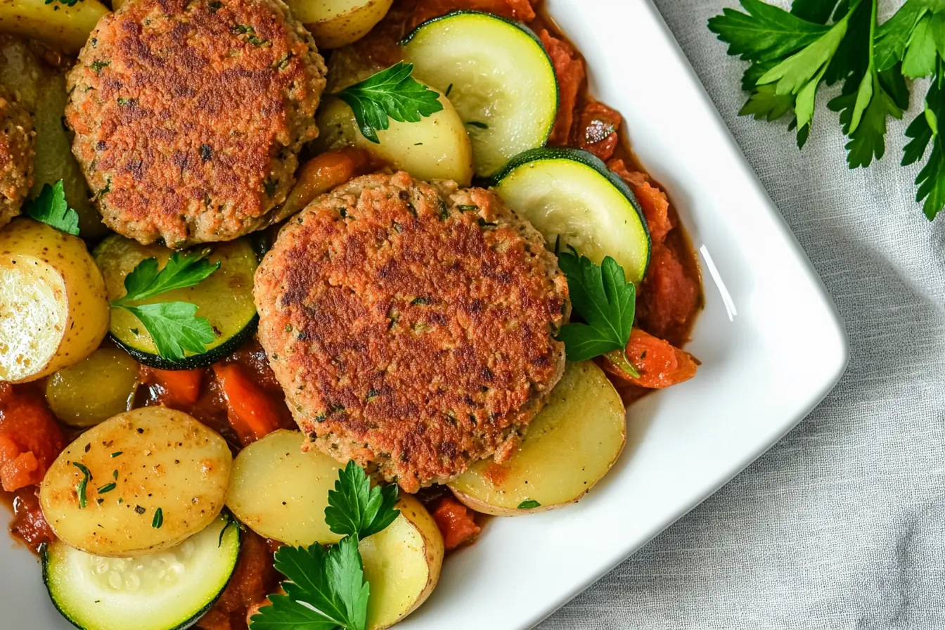 Golden turkey patties served with Mediterranean vegetables—zucchini, potatoes, and tomatoes on a white plate, garnished with fresh parsley.