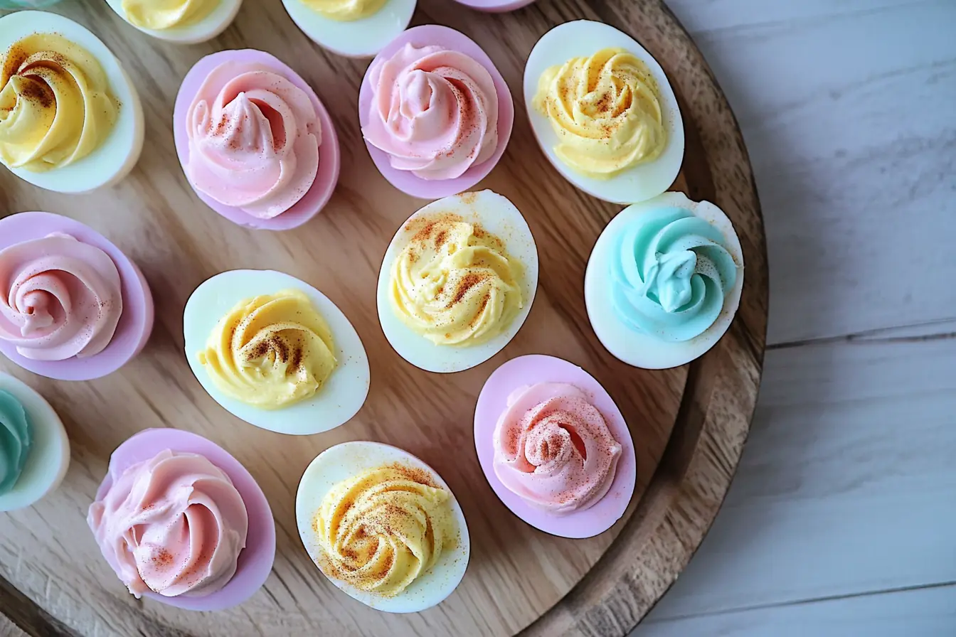 A wooden platter filled with pastel-colored Easter deviled eggs, featuring creamy swirled fillings in soft pink, yellow, and blue, garnished with paprika.