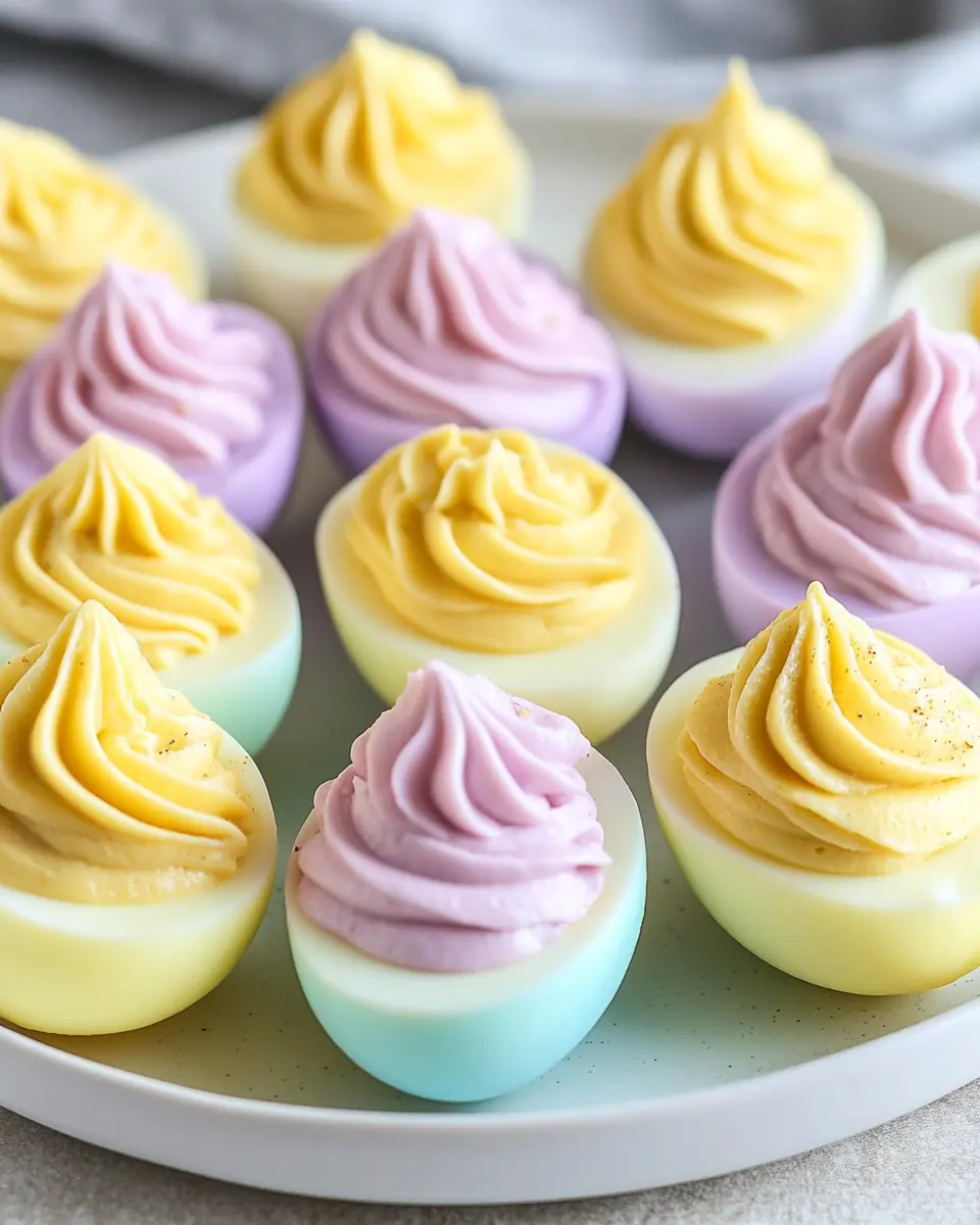 Naturally dyed Easter deviled eggs with pastel blue, yellow, and purple egg whites, filled with a smooth, creamy yolk mixture, arranged on a white ceramic plate.