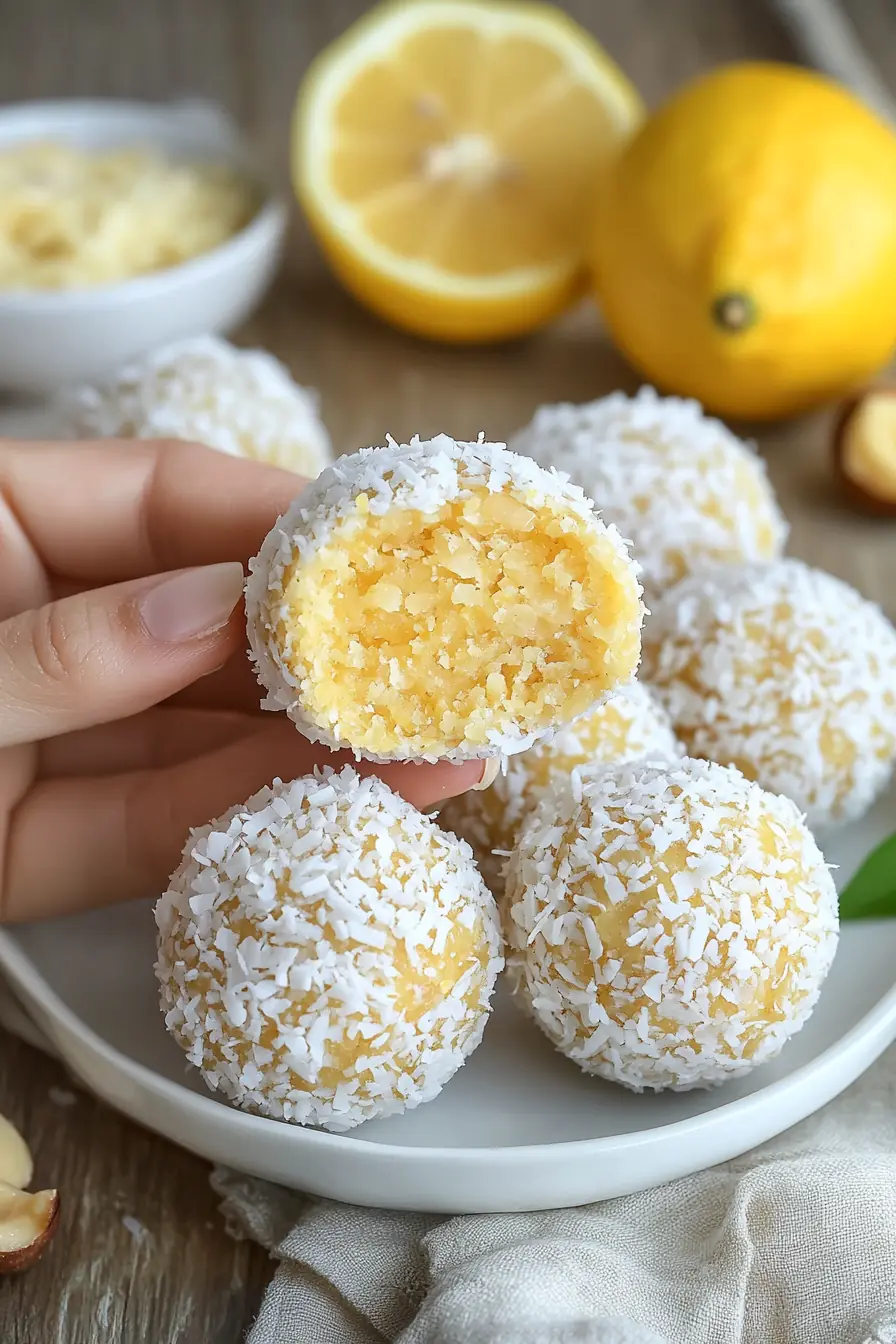 No-Bake Lemon and Nut Bliss Balls – Keto Snack Idea Close-up of a hand holding a no-bake lemon and nut bliss ball with a visible soft interior, coated in shredded coconut, surrounded by fresh lemons.