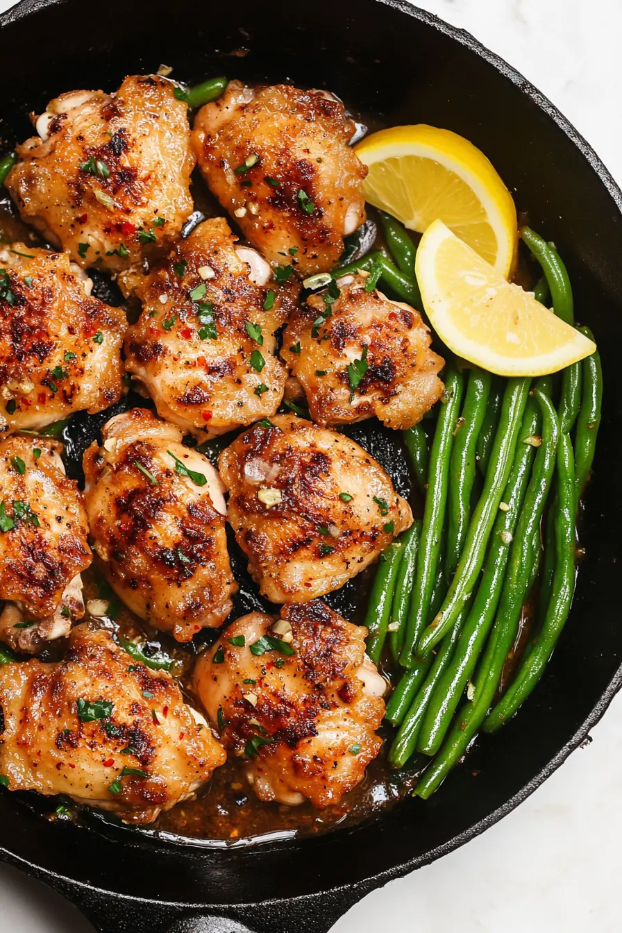 One-Pan Lemon Garlic Butter Chicken Thighs with Green Beans Golden-brown keto lemon garlic butter chicken thighs in a cast-iron skillet with sautéed green beans, garnished with fresh parsley and lemon wedges.
