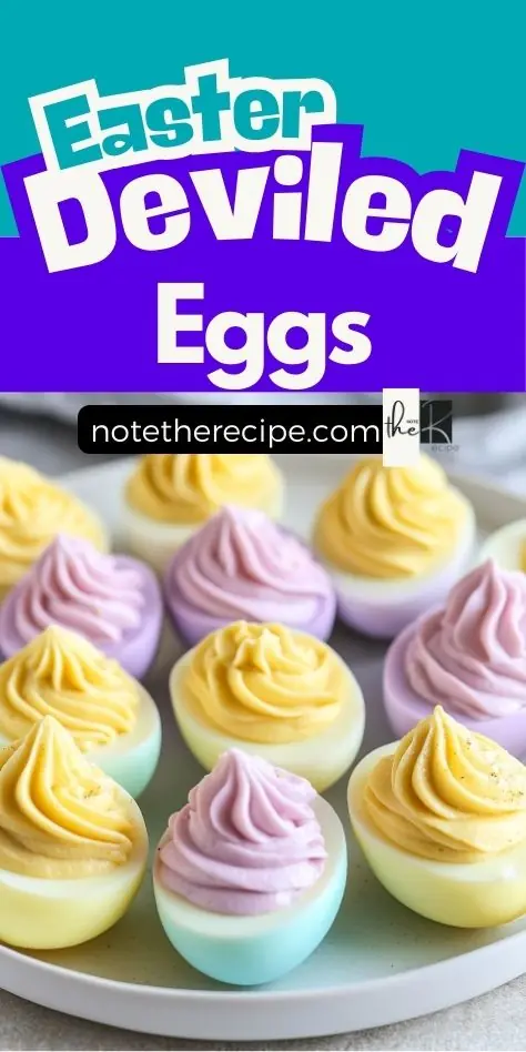 A vibrant Easter Deviled Eggs Pinterest pin featuring pastel-colored deviled eggs with creamy, swirled yolk filling, naturally dyed in soft blue, yellow, and purple.