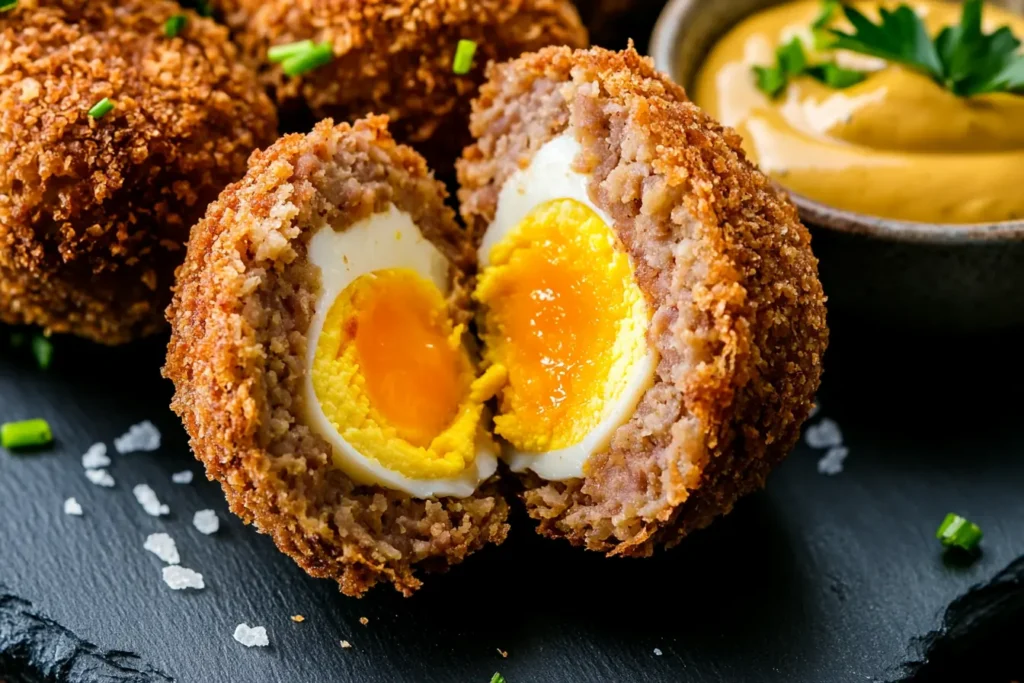 Crispy keto Scotch eggs with a golden-brown pork rind coating, sliced in half to reveal a soft, runny yolk, served with Dijon mustard dipping sauce on a slate board.