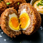Crispy keto Scotch eggs with a golden-brown pork rind coating, sliced in half to reveal a soft, runny yolk, served with Dijon mustard dipping sauce on a slate board.