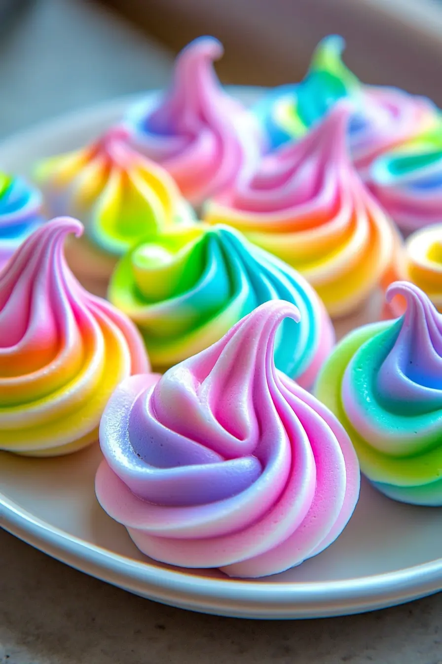 Close-up of pastel rainbow meringues with vibrant swirled peaks in pink, blue, green, and yellow. These sugar-free, keto meringue cookies are crisp and airy, arranged on a white plate.