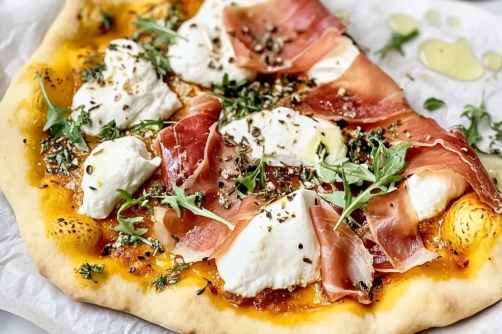 Close-up of a Prosciutto and Honey Burrata Pizza with crispy crust, creamy burrata, fresh arugula, and a drizzle of honey.