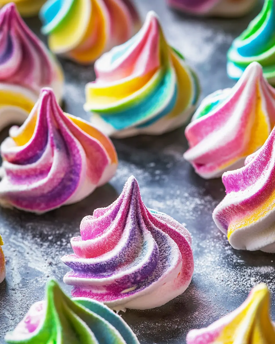 Close-up of rainbow meringues with vibrant swirled peaks in pink, blue, yellow, and purple. These sugar-free, keto meringue cookies have a crisp, airy texture and are lightly dusted with powdered sweetener.