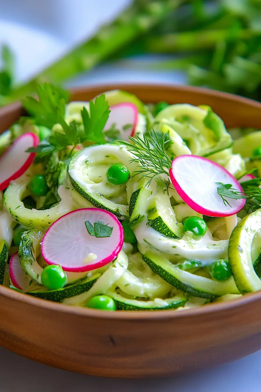 Close-up of a fresh asparagus zucchini pasta salad with creamy lemon yogurt dressing, crisp radishes, peas, and herbs, served in a wooden bowl.