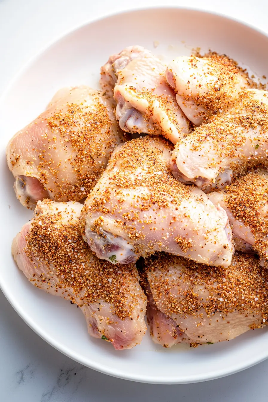 Seasoned Chicken Thighs for Keto Lemon Garlic Butter Chicken Raw bone-in, skin-on chicken thighs seasoned with a flavorful spice rub on a white plate, prepared for cooking in a keto-friendly lemon garlic butter chicken recipe.