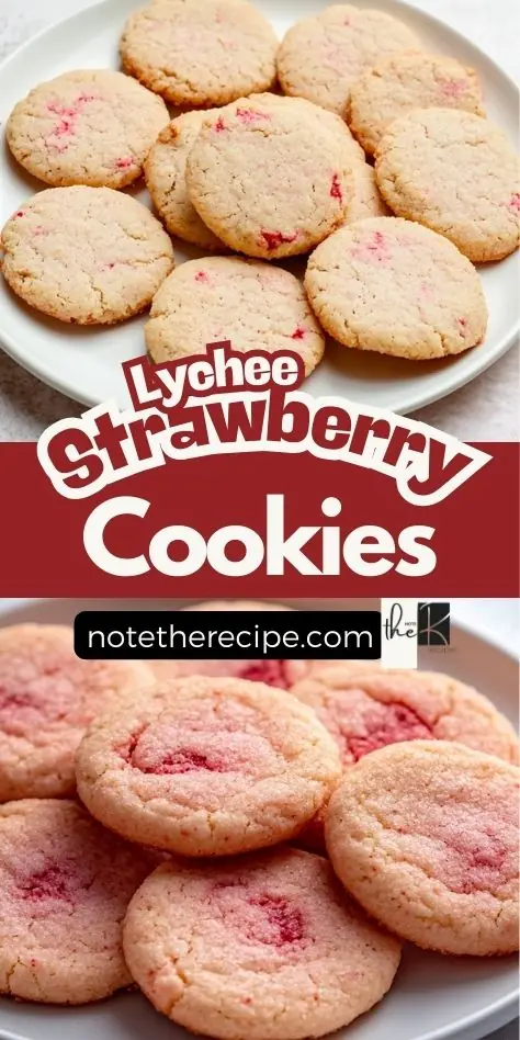 Two photos of almond flour lychee-strawberry cookies on white plates, showing crisp edges and pink strawberry specks, perfect for keto baking.