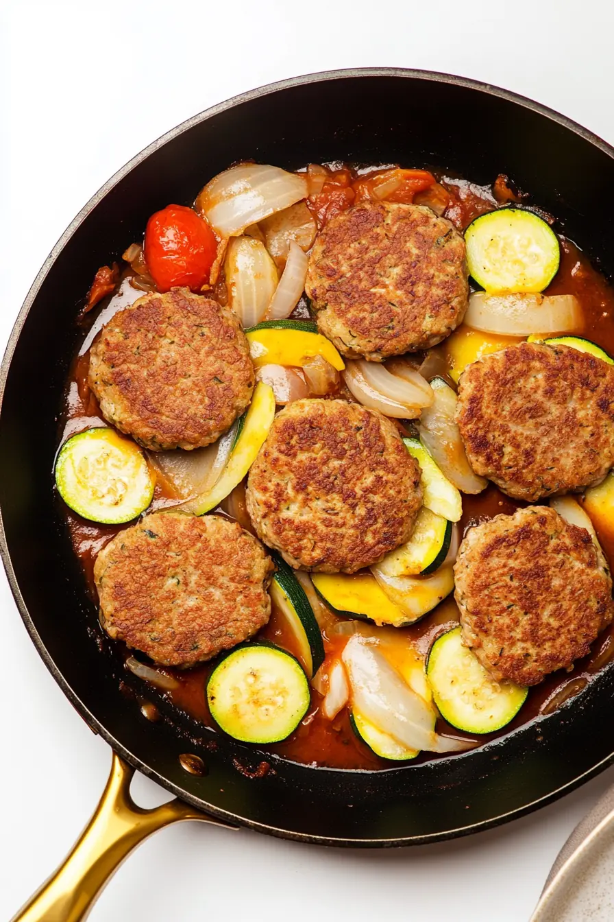 Summer turkey patties with Mediterranean vegetables—zucchini, onions, and tomatoes simmered in a rich sauce in a skillet.