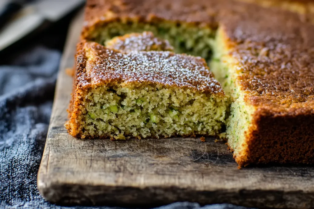 Close-up of a sliced spiced breakfast cake, showing its golden crust, soft interior with visible zucchini flecks, and a light dusting of powdered sweetener on top.