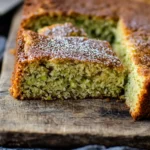Close-up of a sliced spiced breakfast cake, showing its golden crust, soft interior with visible zucchini flecks, and a light dusting of powdered sweetener on top.