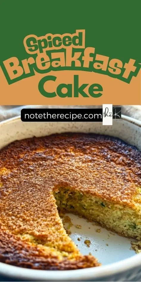 Spiced Breakfast Cake – Low-Carb & Gluten-Free A Pinterest pin featuring a spiced breakfast cake in a round ceramic dish with a golden-brown crust. A slice is removed, revealing a moist, tender crumb with zucchini flecks.