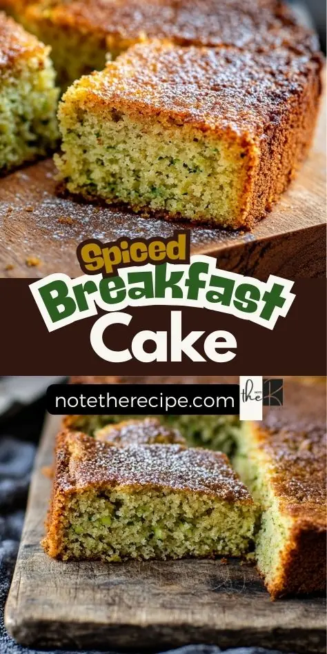 Spiced Breakfast Cake – Easy & Low-Carb Recipe A Pinterest pin featuring a spiced breakfast cake, sliced to reveal a soft, golden crumb with zucchini flecks. The cake is dusted with powdered sweetener and presented on a rustic wooden board.