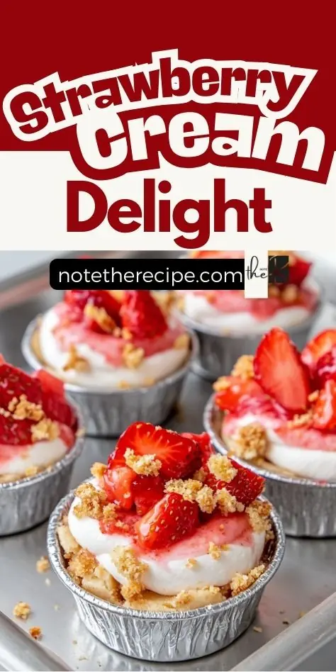 Pinterest image showing strawberry cream delight in foil cups with whipped layers, fresh strawberries, and almond cookie crumble on a metal tray.