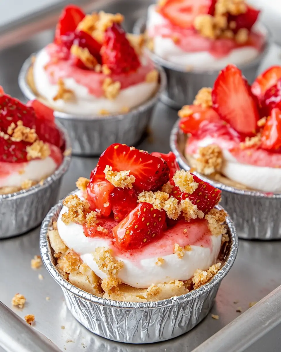 Keto-friendly strawberry cream delight in foil cups, layered with whipped cream, almond cookie crumbs, and fresh strawberries on a silver baking tray.