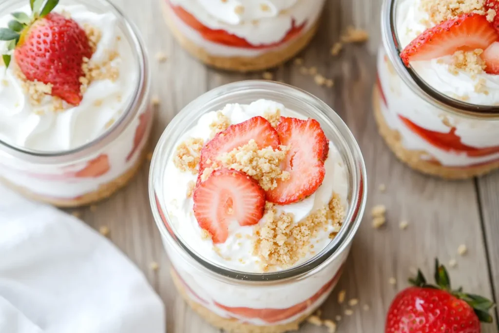 Layered strawberry cream delight in glass jars with whipped cream, fresh strawberries, and almond cookie crumbs on a wooden table.