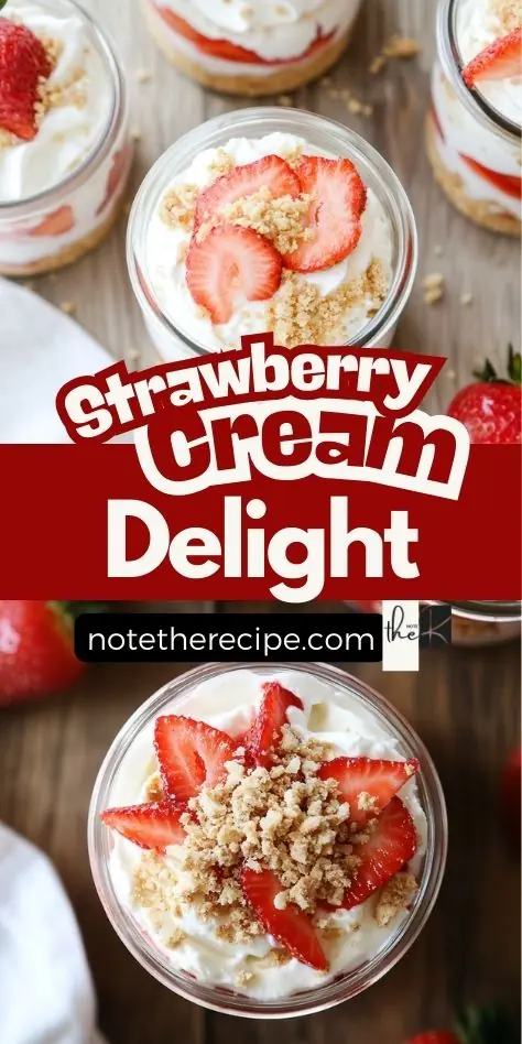 Pinterest graphic showing strawberry cream delight in glass jars with layers of whipped cream, fresh strawberries, and almond cookie crumbs.