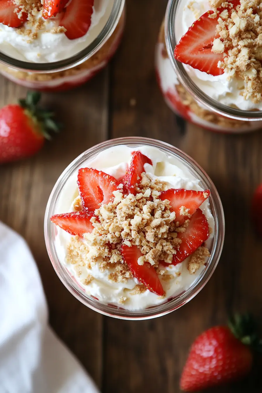 Top-down view of strawberry cream delight in a glass jar with whipped layers, sliced strawberries, and almond cookie crumble on a rustic wood background.
