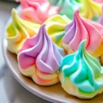 Pastel rainbow meringues with crisp swirls, arranged on a white plate. These sugar-free, keto-friendly meringue cookies have a light, airy texture and vibrant colors.