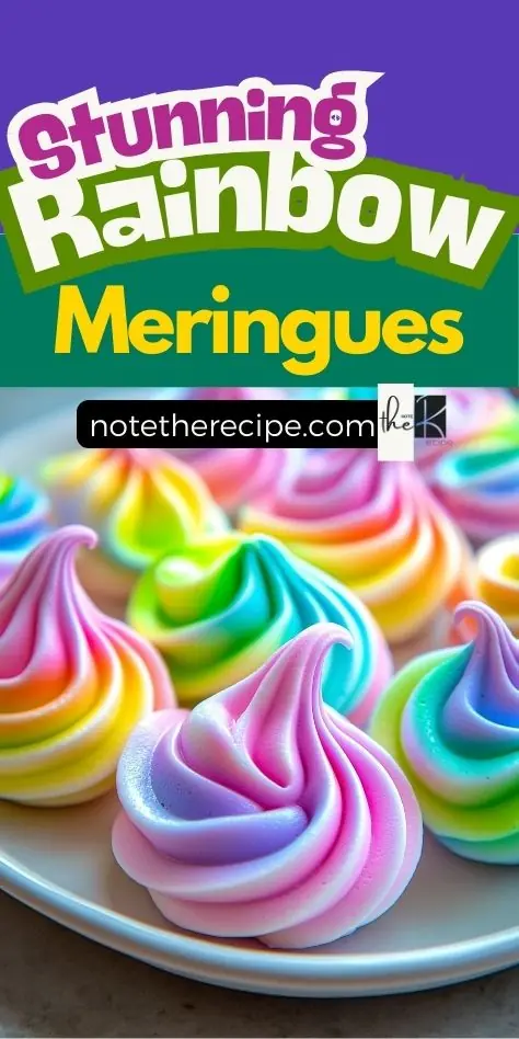 A Pinterest pin featuring stunning rainbow meringues, showcasing crisp, pastel-colored, sugar-free meringue cookies. The text overlay highlights this keto-friendly, low-carb dessert.