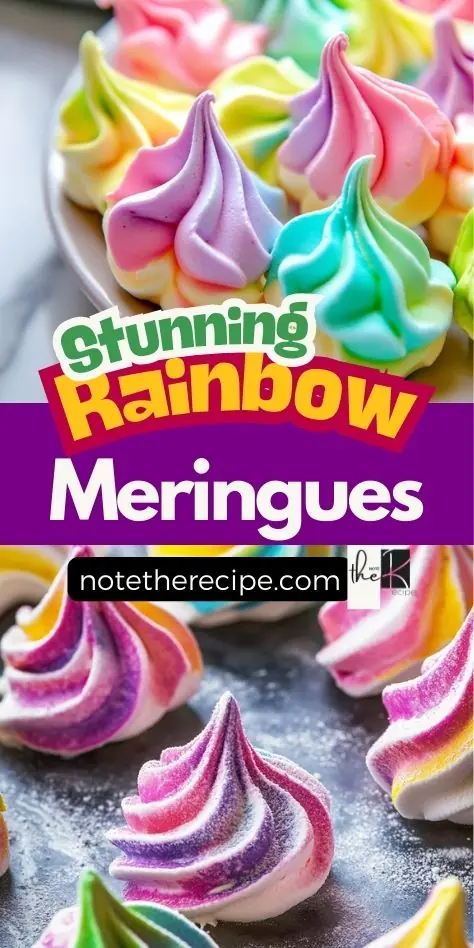 A colorful Pinterest pin for rainbow meringues, featuring vibrant, sugar-free meringue cookies with swirled pastel hues. The text overlay reads "Stunning Rainbow Meringues", highlighting this keto-friendly, low-carb dessert.