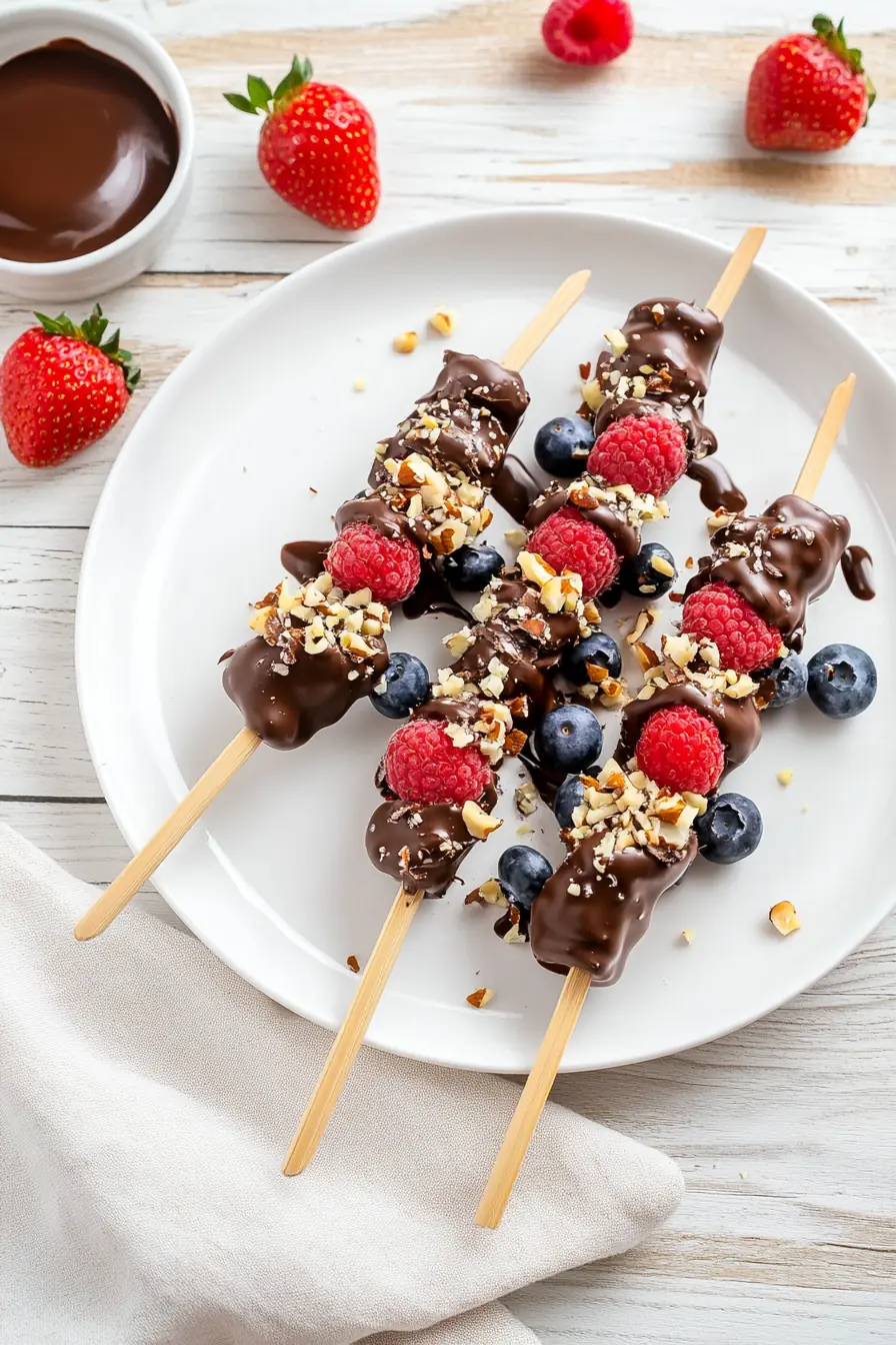 Sugar-free chocolate covered berry skewers with strawberries, raspberries, and blueberries on wooden sticks, garnished with chopped nuts.