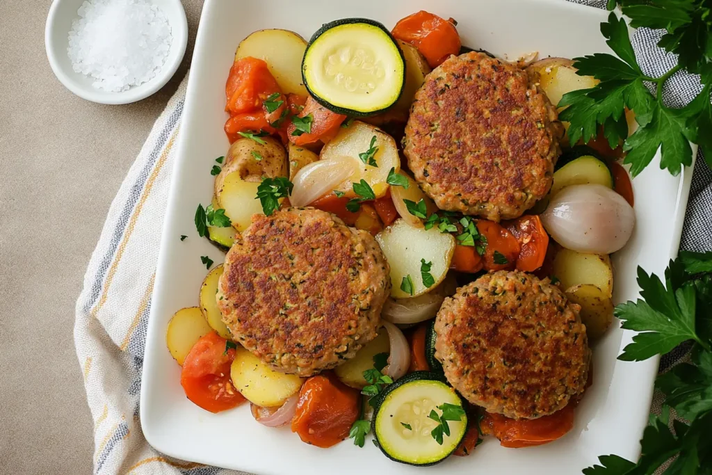Summer turkey patties with Mediterranean veggies—zucchini, tomatoes, onions, and potatoes on a white platter.