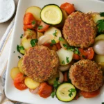 Summer turkey patties with Mediterranean veggies—zucchini, tomatoes, onions, and potatoes on a white platter.