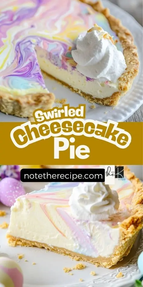 A beautifully swirled cheesecake pie with pastel marbling, a golden almond flour crust, and whipped cream, perfect for Easter and spring celebrations.