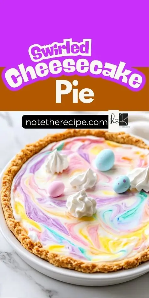 A vibrant Easter Swirled Cheesecake Pie with a pastel marbled top, a golden almond flour crust, and whipped cream, decorated with mini Easter eggs.