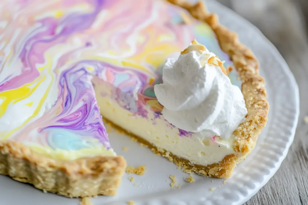 A beautifully swirled cheesecake pie with a pastel marbled top, almond flour crust, and a dollop of whipped cream, served on a white plate.