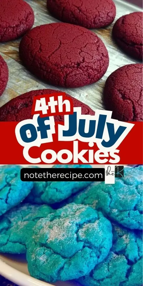4th of July cookies featuring red velvet and blue sugar cookies with bold text overlay and recipe website branding