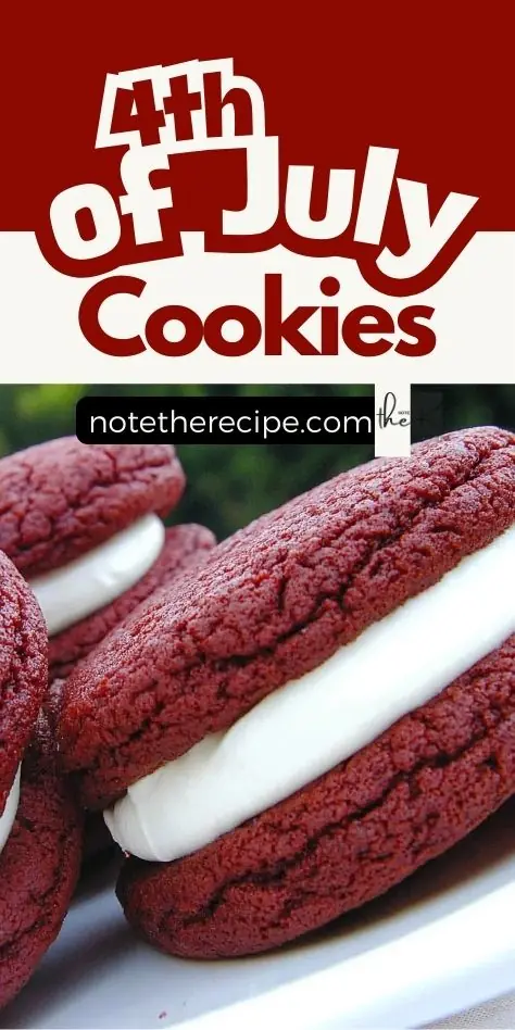 Red velvet sandwich cookies with cream filling labeled as 4th of July cookies with recipe site branding