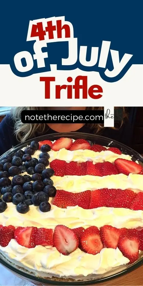 4th of July trifle styled with blueberries and strawberries in the shape of the American flag, featured in a vertical pin graphic with bold patriotic text and website branding.
