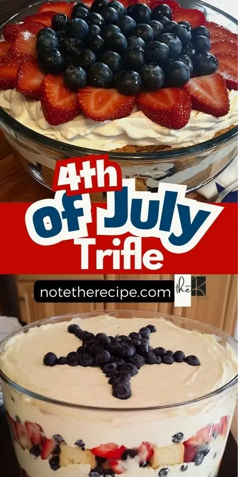 Two 4th of July trifles in clear glass bowls, one topped with a blueberry star and one with strawberries and blueberries in a circular pattern, featured in a vertical pin graphic with bold “4th of July Trifle” text.