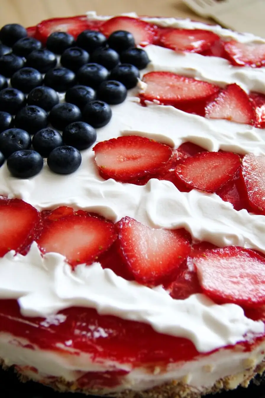 American flag-themed strawberry pretzel salad topped with sliced strawberries, whipped cream stripes, and blueberries over cream cheese and pretzel crust