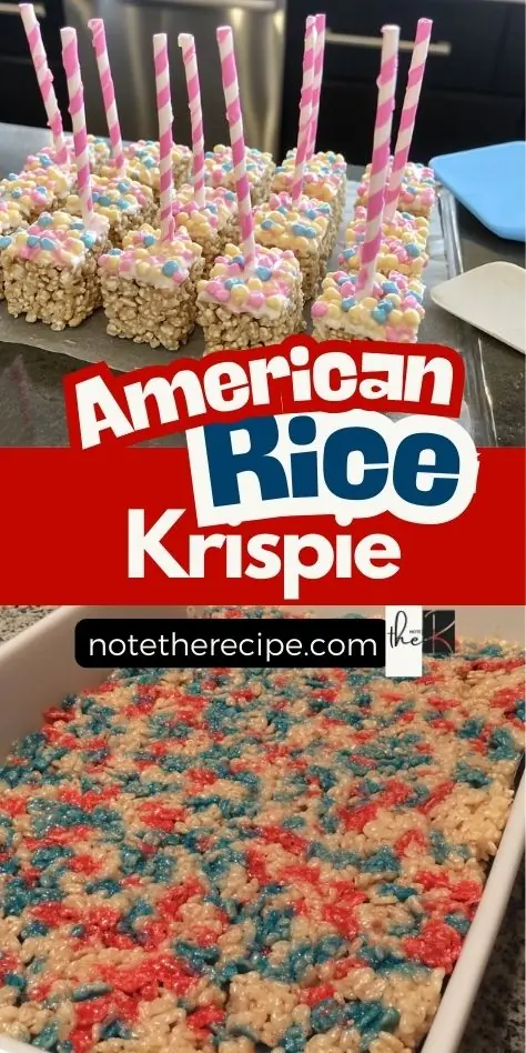 American Rice Krispie Treats shown in two styles: one with pink striped sticks and pastel sprinkles, and one with red and blue cereal in a white baking dish.