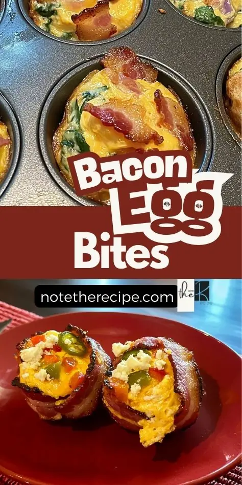 Two styles of bacon egg bites, one baked with spinach in a muffin tin and one wrapped in bacon with peppers and cheese on a red plate