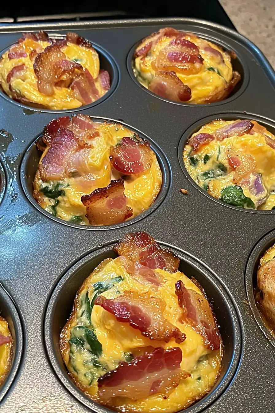 Bacon and egg muffins with spinach baked in a muffin tin