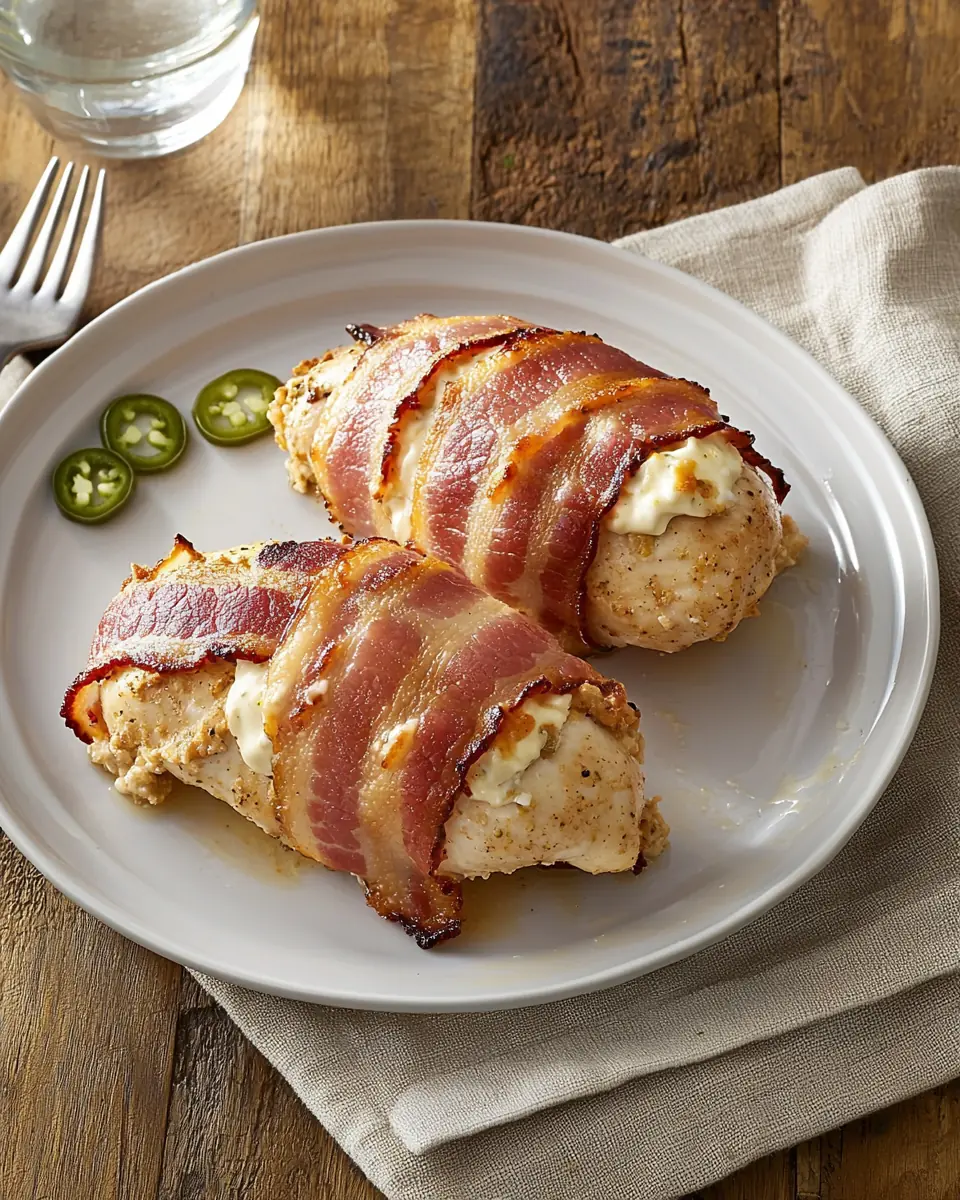 Bacon-wrapped jalapeño chicken breasts filled with cream cheese on a white plate with sliced jalapeños