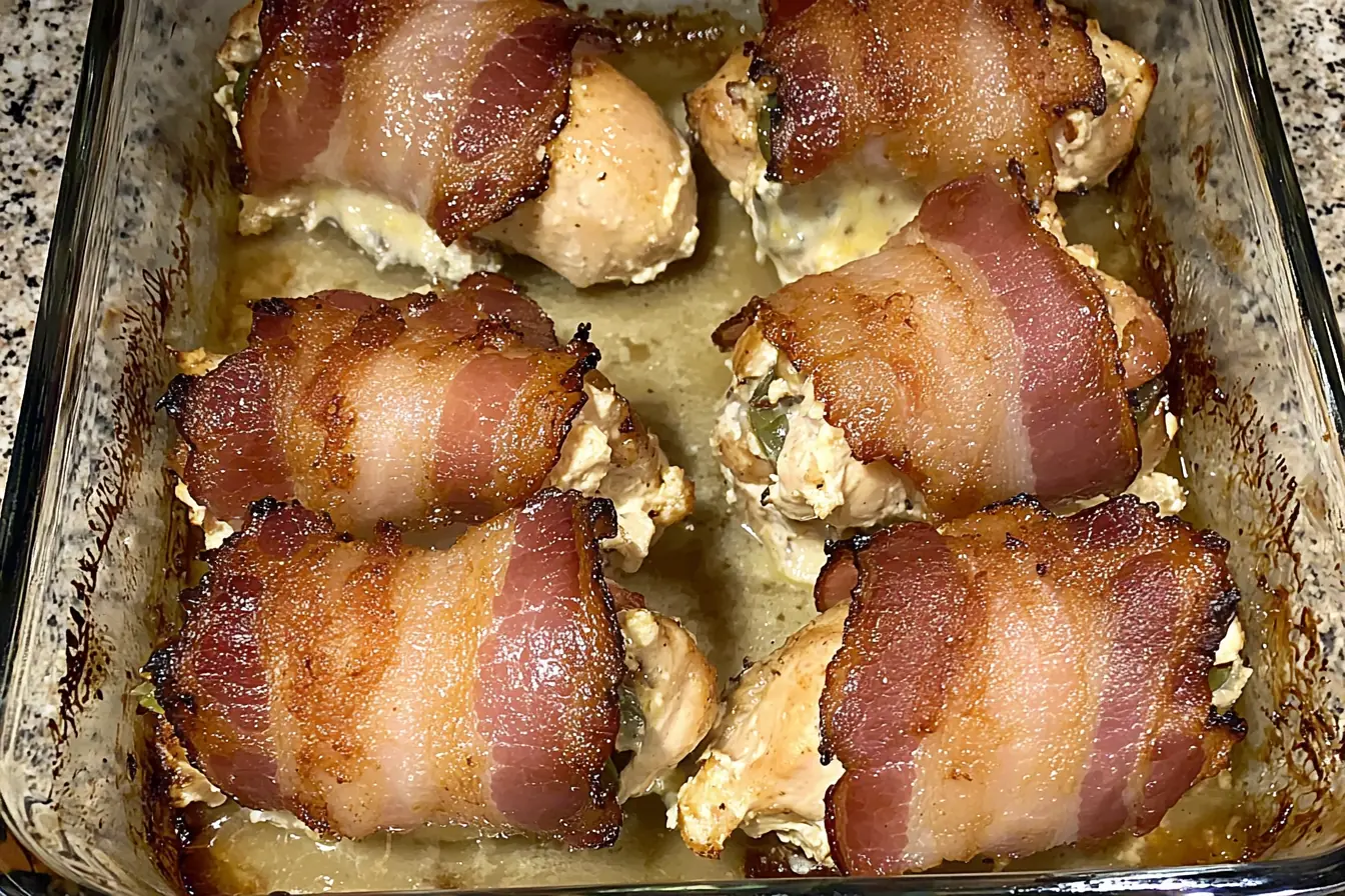 Creamy jalapeño chicken wrapped in crispy bacon baking in a glass dish