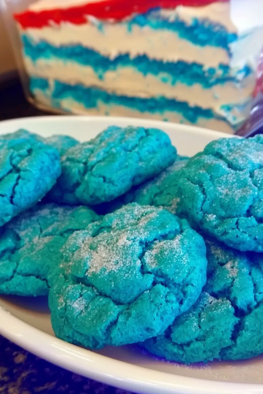 Blue 4th of July cookies coated in sugar, served on a white plate with layered patriotic cake in the background