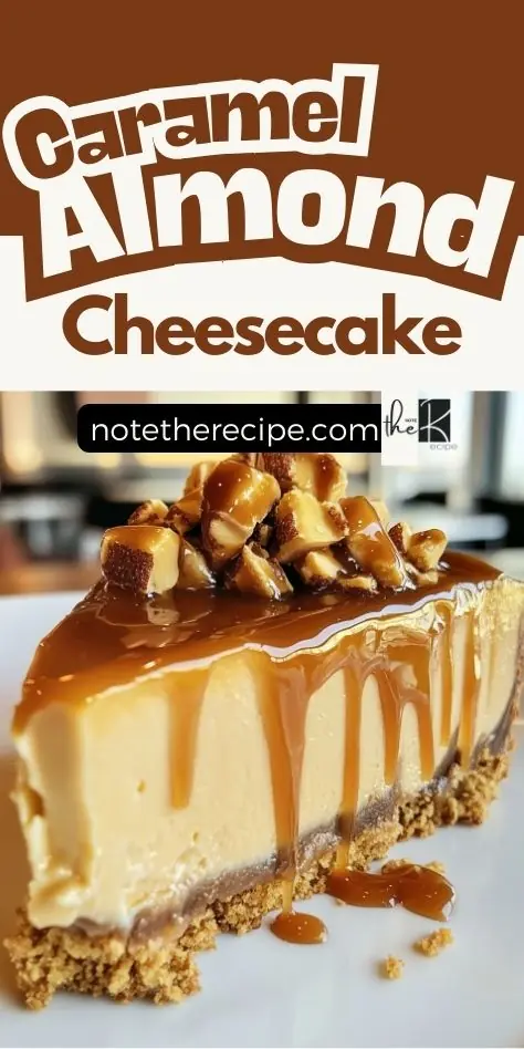Pinterest graphic showing a slice of caramel almond cheesecake topped with chopped almonds and caramel sauce, with recipe title and website branding.