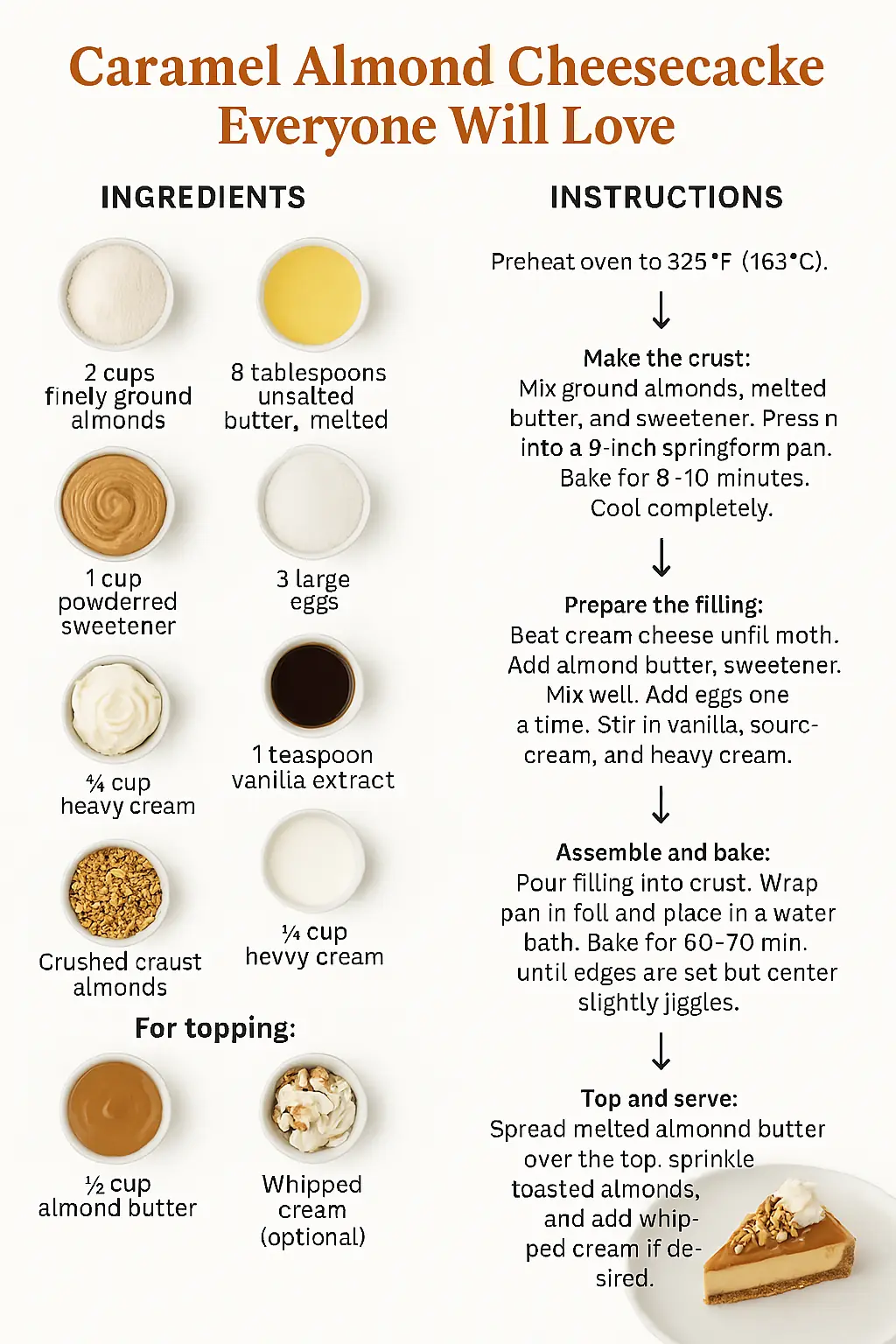Step-by-step infographic showing how to make caramel almond cheesecake with labeled ingredients and illustrated baking instructions.