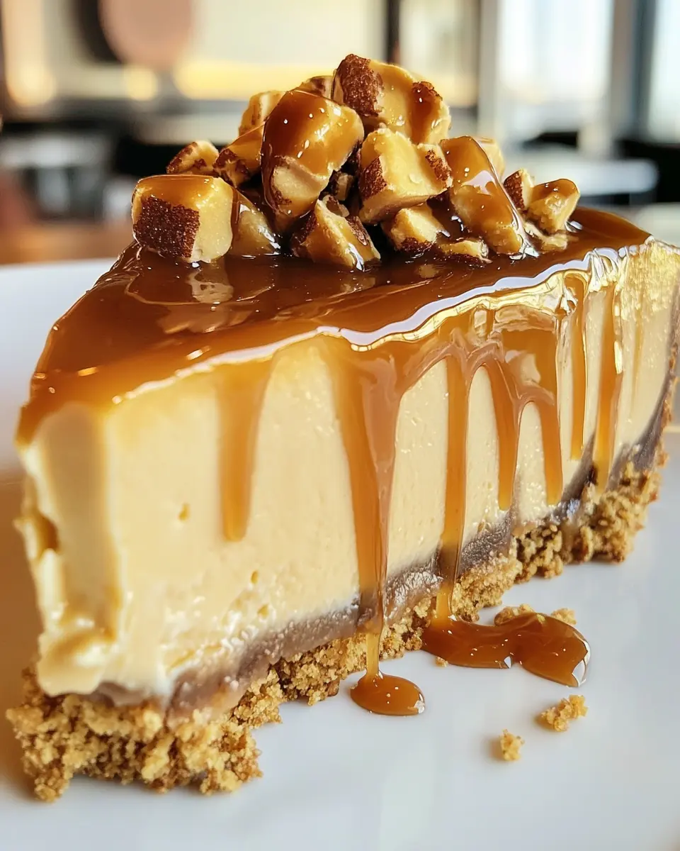 Close-up of a slice of caramel almond cheesecake with toasted almond topping and thick caramel drizzle on a crumbly almond crust.